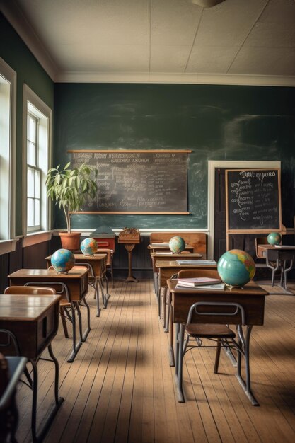 Empty classroom with chalkboard and wooden desks created with generative ai