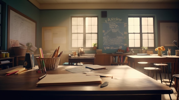 An empty classroom with charming twilight light