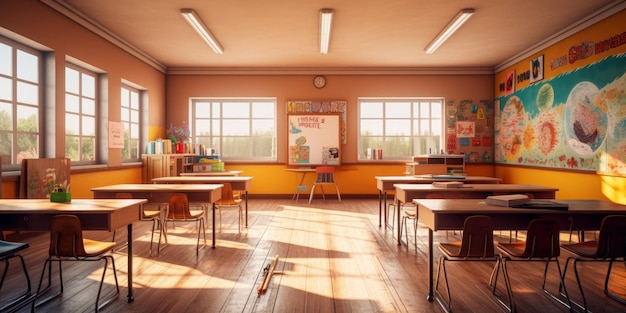 Foto aula vuota con scrivanie e sedie educazione di fondo e ritorno a scuola concept generative ai