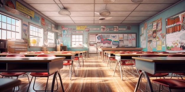 Empty Classroom with Desks and Chairs Background Education and Back to School Concept Generative Ai