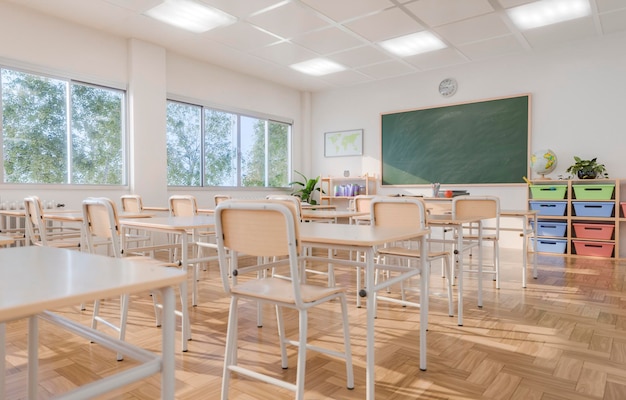 Photo empty classroom with desks and chairs in brightly lit environment