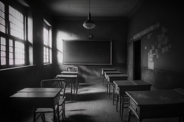 Empty classroom with desks chairs and chalkboard