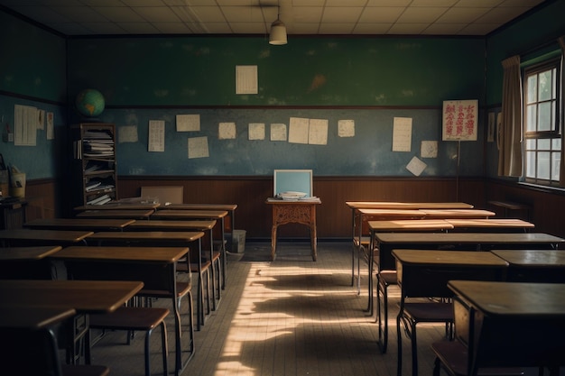 Empty Classroom With Desks and Chairs A Quiet Learning Environment for Students School classroom with school desks and a blackboard in a Japanese high school AI Generated AI Generated