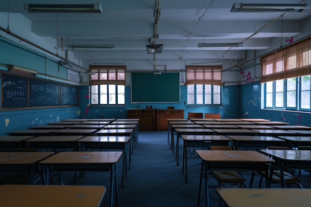 Empty Classroom With Desks and Chalkboard