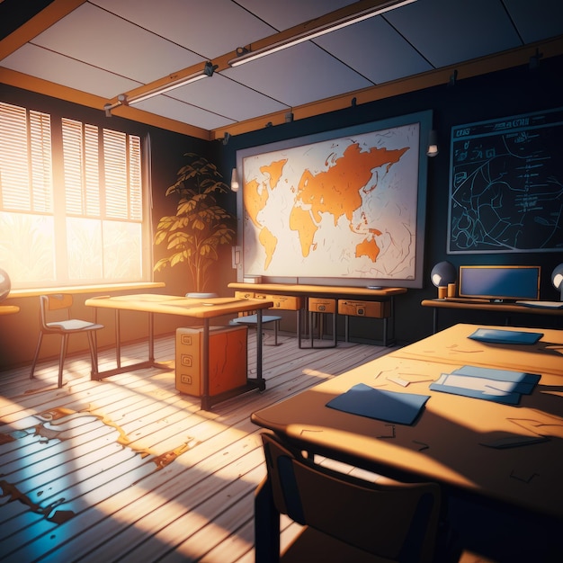 An empty classroom with map on the wall Generative AI