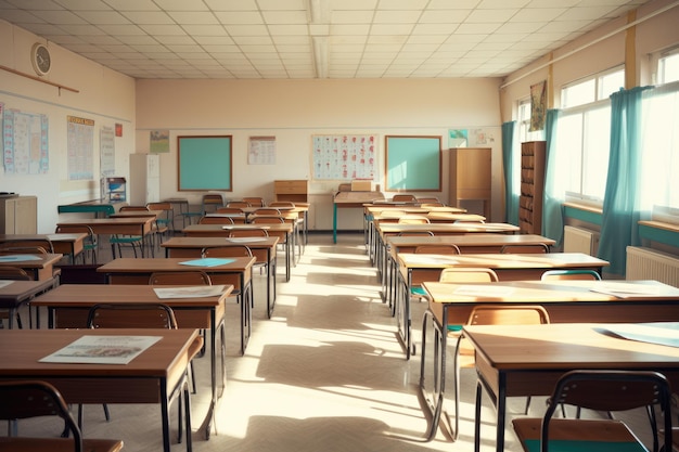 Empty classroom with no students in rows of tables and chairs back to school concept Generative ai