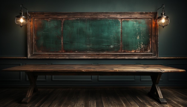 Empty classroom with old wooden desk and blackboard generated by artificial intelligence