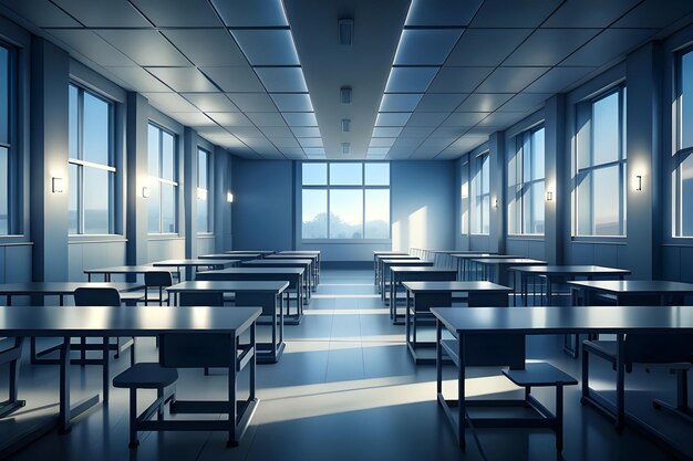 An Empty Classroom With Tables and Desks