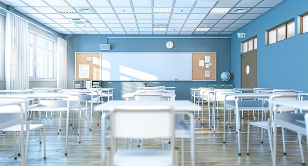 Empty classroom with white desks and whiteboard