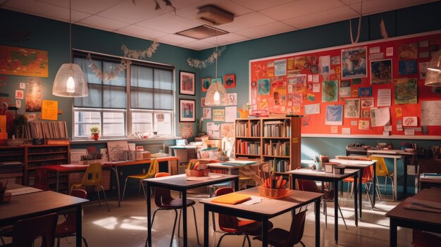 Empty classrooms for the holidays last day of school waiting back to school with books