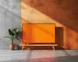 Photo empty clenan orange tv screeen orange and gray living room minimal interior design screen mockup