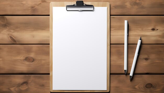 Photo empty clipboard mock up on wooden simple white clip board blank