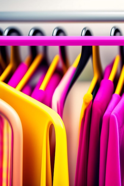 Empty clothes hangers on bright pink and yellow background with copy space