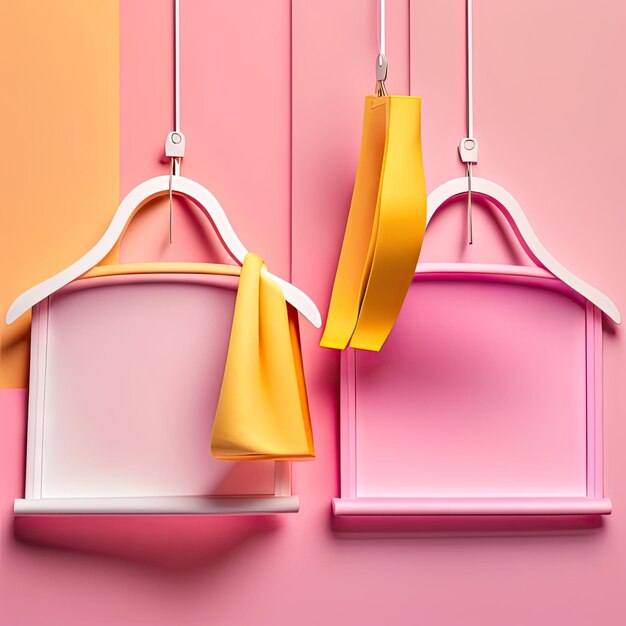 Empty clothes hangers on pastel pink and yellow background with copy space