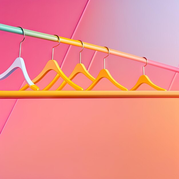 Empty clothes hangers on pastel pink and yellow background with copy space