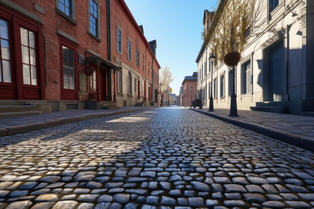 Empty cobblestone street with building shadows created with generative ai