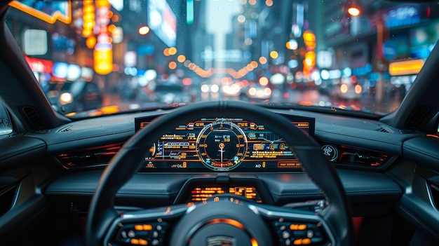 An empty cockpit of a vehicle complete with a digital speedometer and an HUD Head Up Display