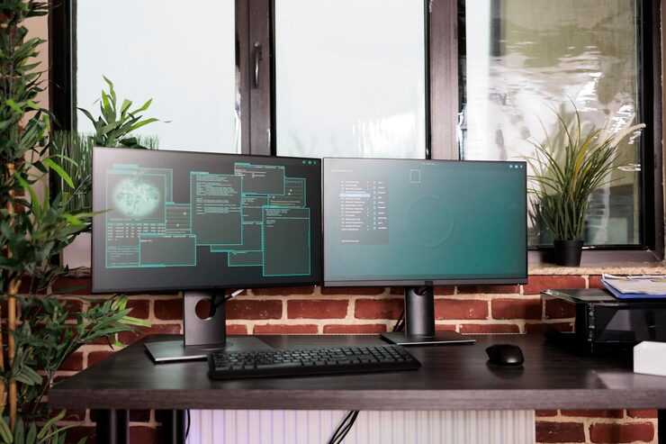 Photo empty coding room with multiple monitors on desk, computers in background running programming source code and algorithms on terminal window. firewall network servers in it company office.