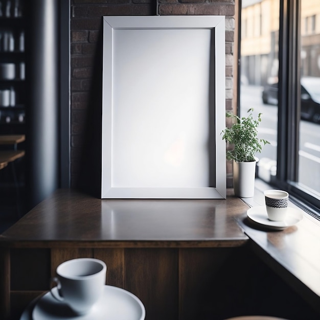 Empty Coffee Shop Interior With Coffee Maker Pastries And Blank Poster On The Wall