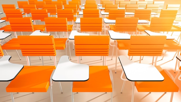 Empty college classroom chairs in perspective