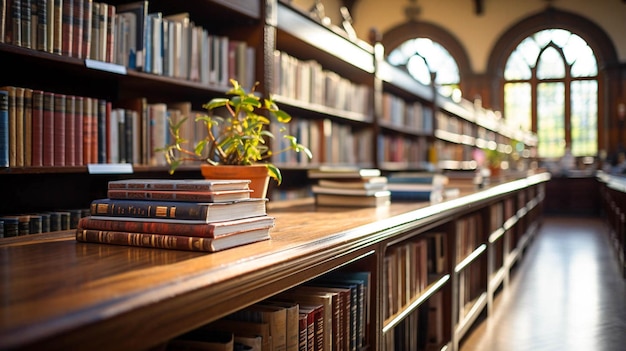 Empty college library interior space and bookshelves by defocused effect Blurry classroom