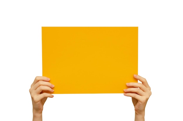 Empty color poster in hand Isolated on a white background Copy space