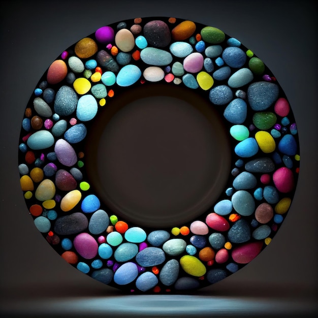 An empty colorful pebbles circle frame on solid background