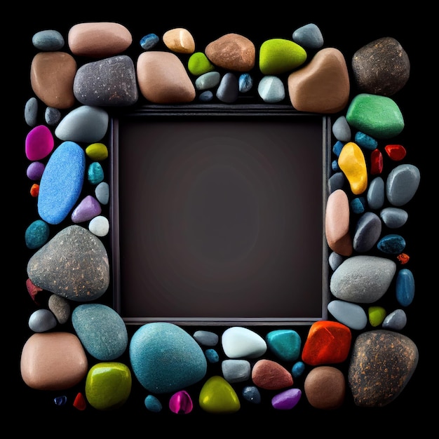 An empty colorful pebbles square frame on solid background