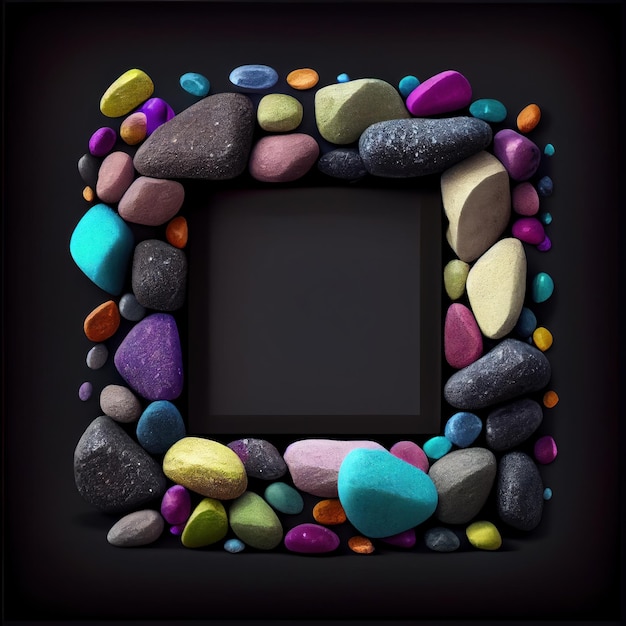 An empty colorful pebbles square frame on solid background