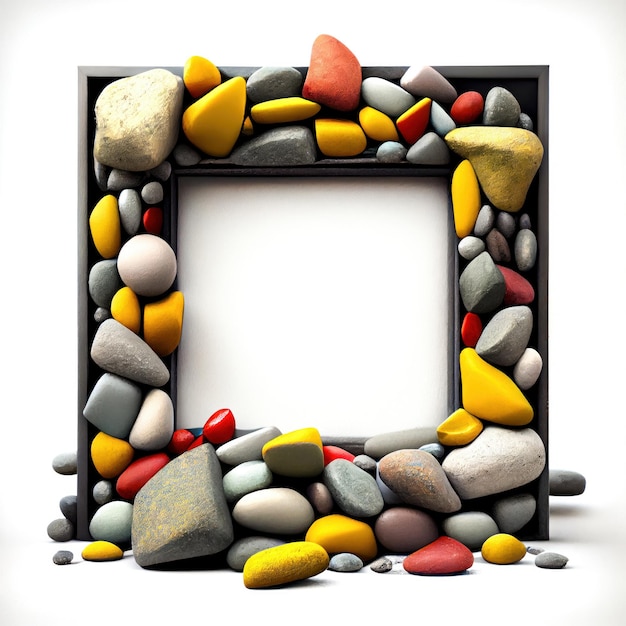 An empty colorful pebbles square frame on white background