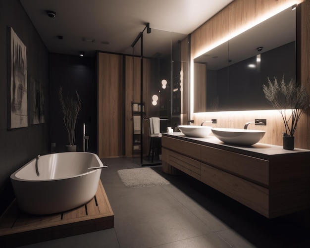 Empty comfortable bathroom with a big bathtub Dark interior with light switched on Generative AI