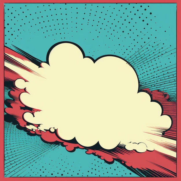 Foto bolla di discorso a fumetti vuota sotto forma di nuvola e raggi su sfondo blu illustrazione di cartoni animati pop art in stile retro degli anni '90 disegno per poster di fumetti