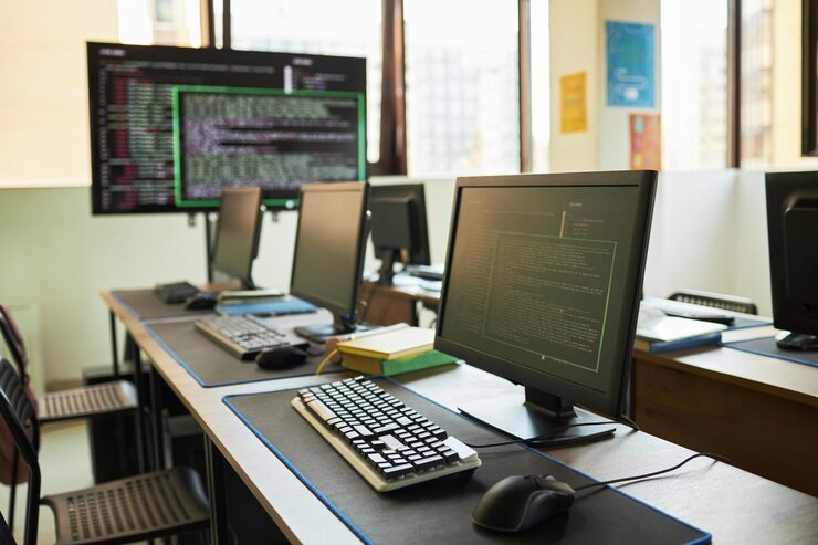 Photo empty computer lab featuring multiple monitors displaying programming code