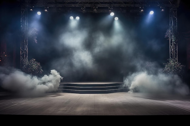 Empty concert stage with illuminated spotlights and smoke Stage background with copy space