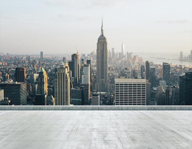 Empty concrete dirty rooftop on the background of a beautiful New York city skyline at morning mock up