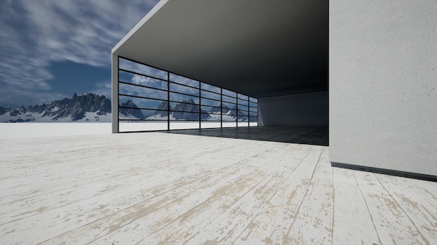 澄んだ空の背景を持つ抽象的な灰色の建物の駐車場3dレンダリングのための空のコンクリートの床