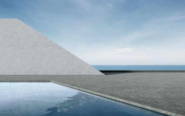 Empty concrete floor for car park with pool 3d rendering of abstract building with sky background