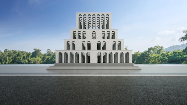 Foto pavimento di cemento vuoto e strada di asfalto grigio rendering 3d dell'edificio con sfondo cielo limpido