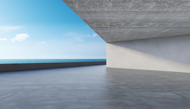 Empty concrete floor and gray wall 3d rendering of sea view plaza with clear sky background