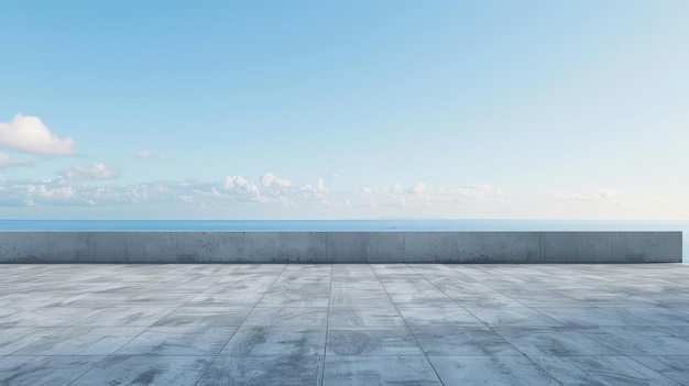 Empty concrete floor and gray wall rendering of sea view plaza with clear sky background