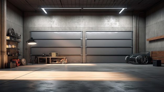 Foto un garage vuoto in cemento lo spazio ben illuminato presenta pareti pulite un pavimento in cemento lucidato e moderne lampade appese che creano un design minimalista e funzionale