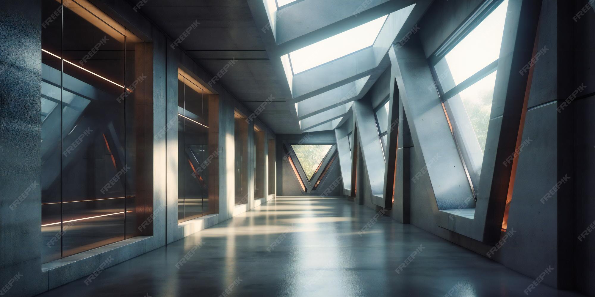 Premium AI Image | An empty concrete hallway with high windows