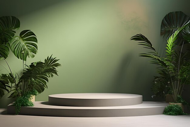Empty concrete podium green plants and leaves Stage showcase for cosmetic products and skin care product presentation