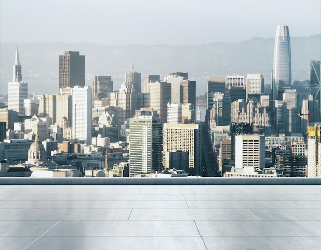 Пустая бетонная крыша на фоне красивого горизонта Сан-Франциско на закате макет