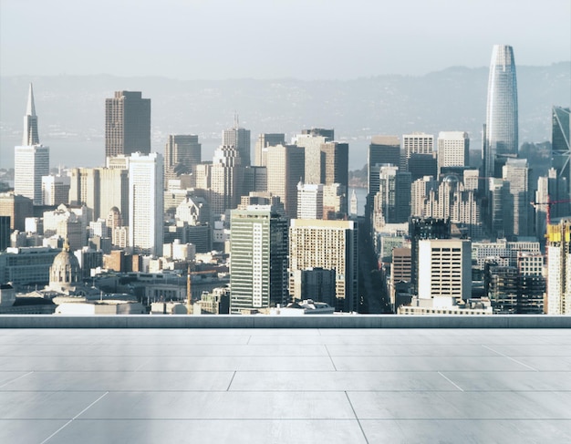 Empty concrete rooftop on the background of a beautiful San Francisco city skyline at sunset mock up