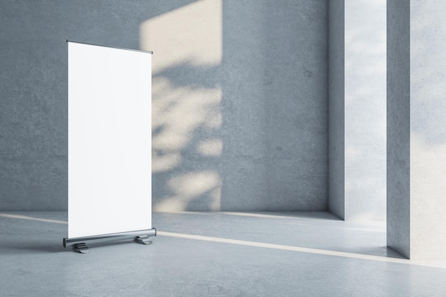 Empty concrete room interior with sunlight and blank banner Mock up 3D Rendering