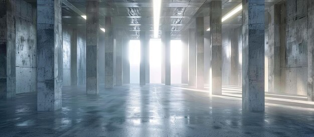 Empty concrete room with columns and lighting background of city architecture