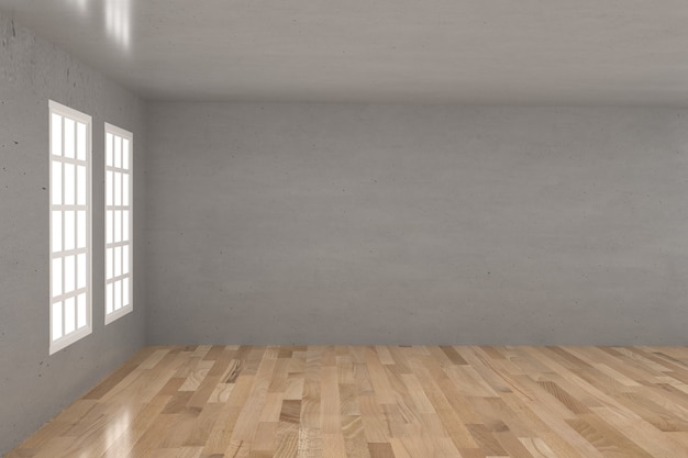 empty concrete room in wood floor with window in 3D rendering