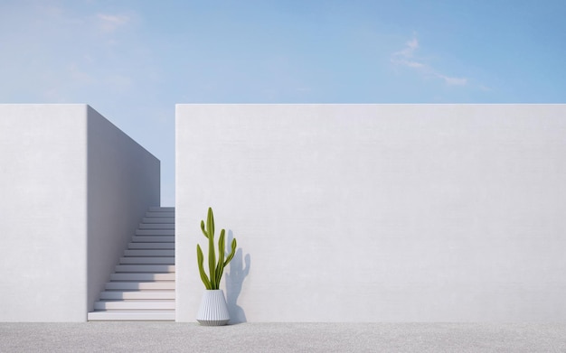 Empty concrete wall with staircactus and blue skyMinimal style architecture