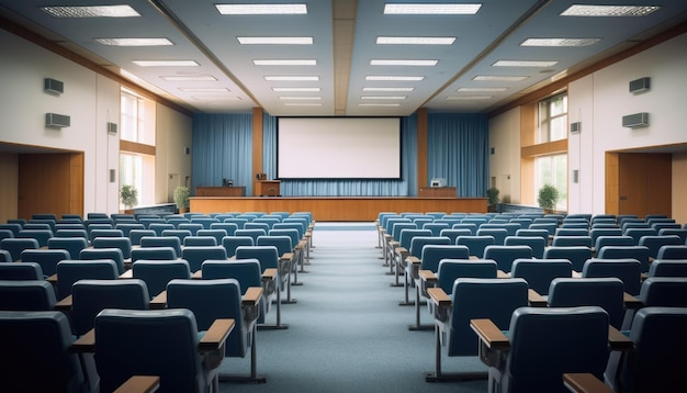 Empty conference room with blue chairs and projector screen